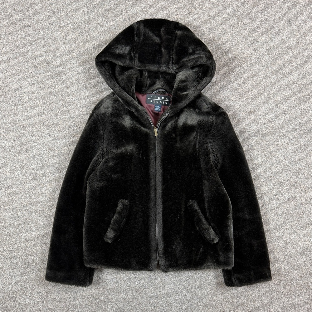 Vintage Siena Studio Brown‎ Faux Fur Hooded Full Zip Short Jacket Women’s Small